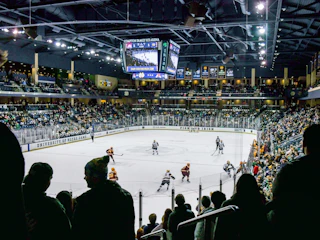 Fans watch a college hockey game between the University of Notre Dame and Minnesota at Compton Famil…