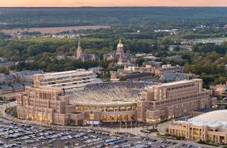Aerial photograph of the University of Notre Dame campus during a football game