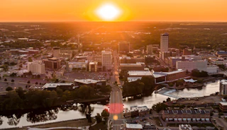 An aerial view of downtown South Bend at sunset