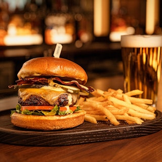 A burger, fries and beer from Rohrs