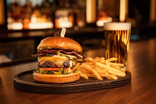 A burger, fries and beer from Rohrs