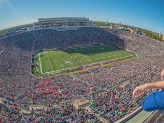 An aerial view of Notre Dame football stadium on gameday
