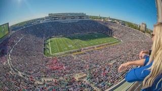 An aerial view of Notre Dame football stadium on gameday