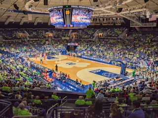 A wide shot of Purcell Pavilion during a womens basketball game