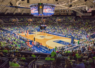 A wide shot of Purcell Pavilion during a womens basketball game