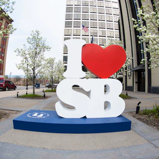I heart SB sculpture in downtown South Bend during the spring time