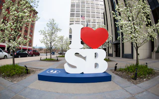 I heart SB sculpture in downtown South Bend during the spring time