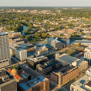 Aerial shot of South Bend and the University of Notre Dame in the distance