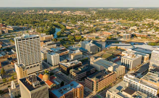 Aerial shot of South Bend and the University of Notre Dame in the distance