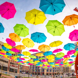An outdoor exhibit at the Studebaker Plaza during Spring in South Bend