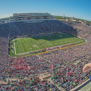 An aerial view of Notre Dame football stadium on gameday