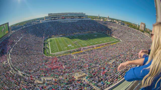 An aerial view of Notre Dame football stadium on gameday